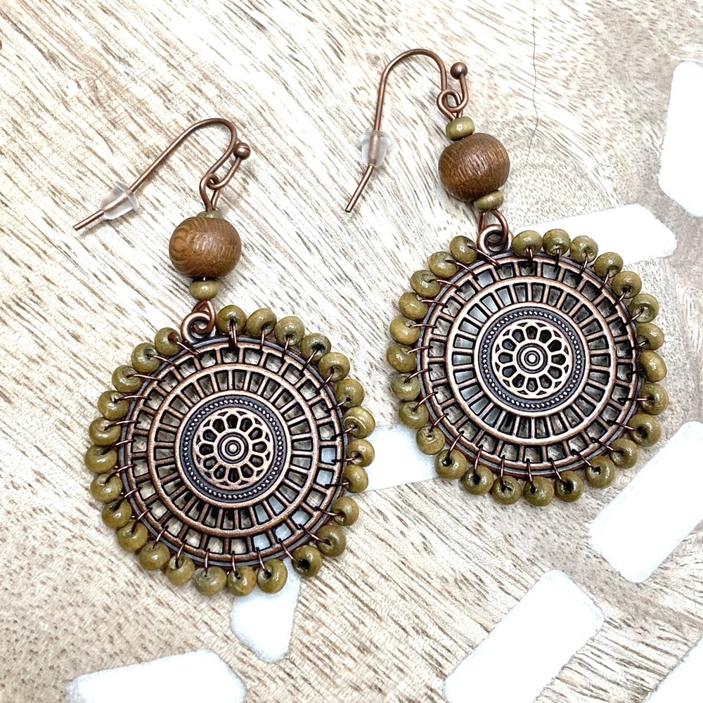 Beaded wooden drop boho pendant dangle earrings